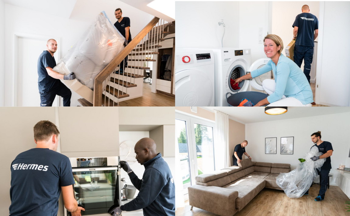 Vier kleine Bilder, die den Aufbau und Installation von Ware bei Kund*innen zeigt